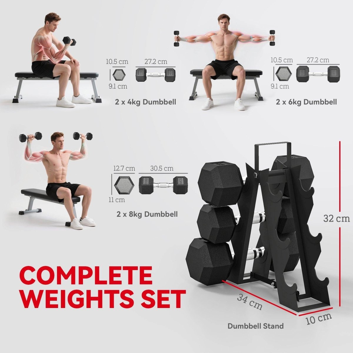 SPORTNOW Hex Dumbbell Set With Weights Storage Rack, Rubber Coated Dumbbells, Non - Slip Chrome Handles, Space - Saving For Home Gym Weight Lifting Strength Training, 2 X 2kg, 2 X 5kg, 2 X 8kg - NashPull