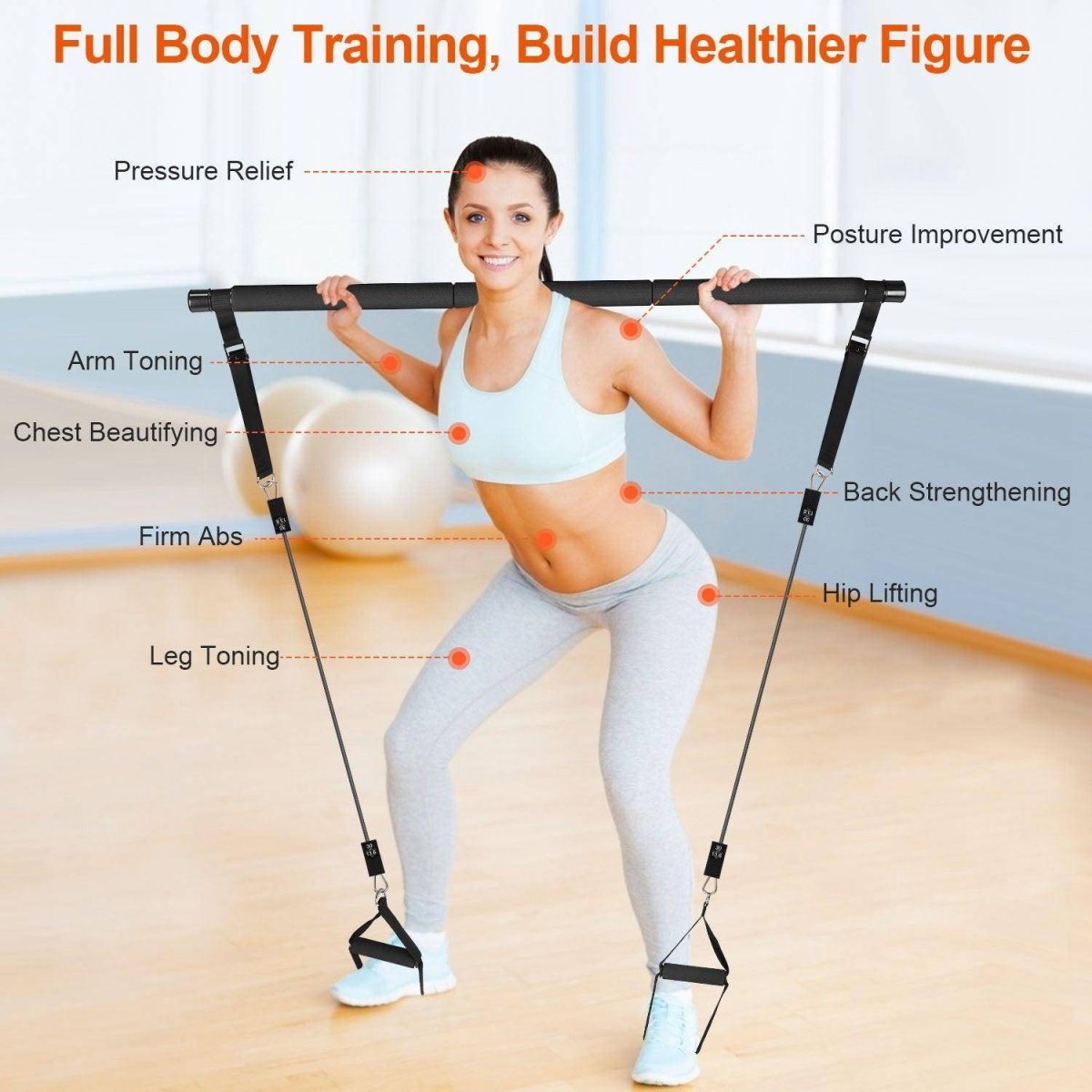 100LBS OR 180LBS Band Options - 1Pc Pilates Bar Kit Multifunctional Pilates Yoga Toning Bar Full Body Exercise Equipment Set For Beginners Intermediates Professionals 4 Elastic Resistance Bands - NashPull