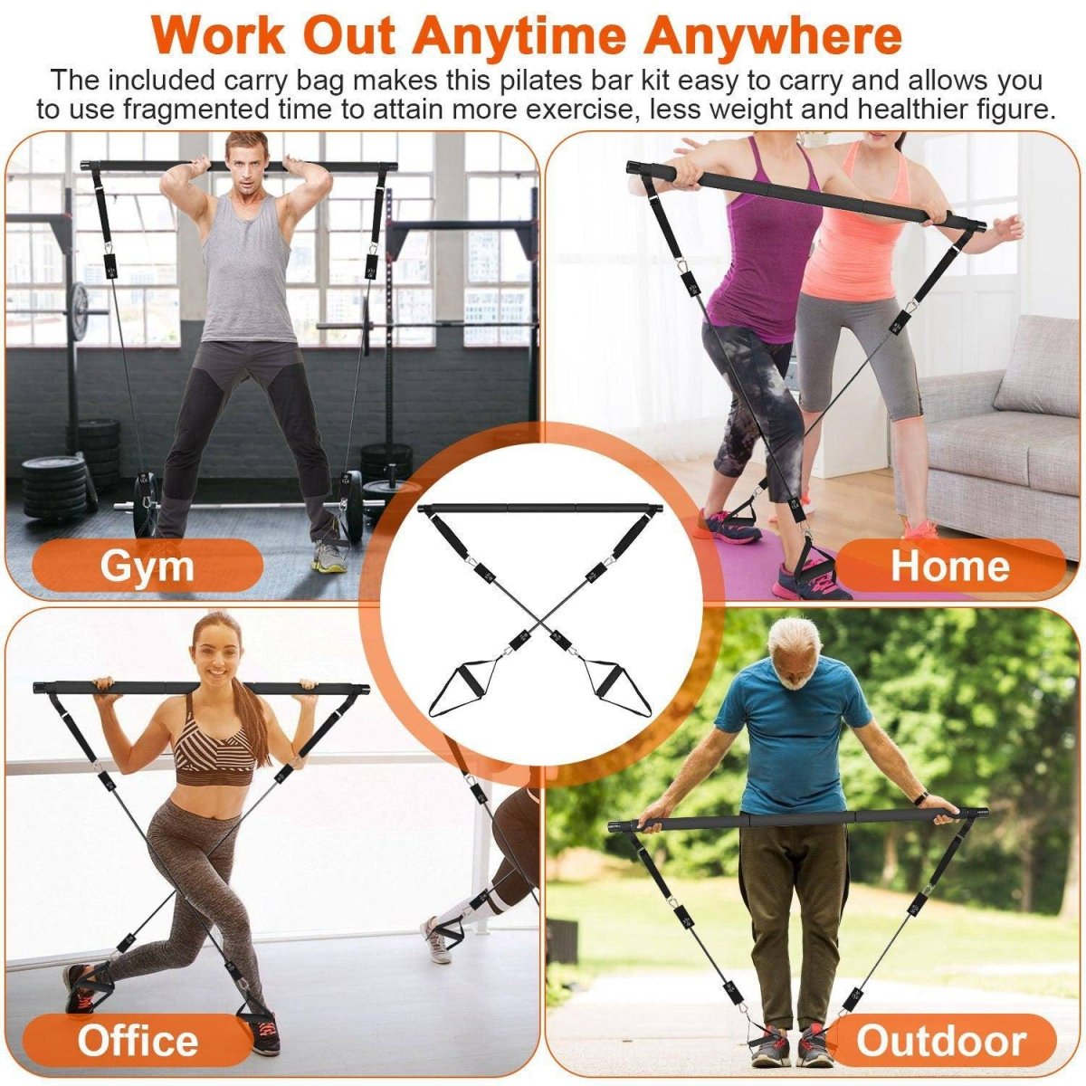 100LBS OR 180LBS Band Options - 1Pc Pilates Bar Kit Multifunctional Pilates Yoga Toning Bar Full Body Exercise Equipment Set For Beginners Intermediates Professionals 4 Elastic Resistance Bands - NashPull