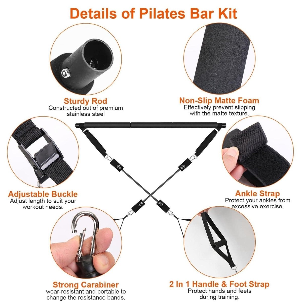 100LBS OR 180LBS Band Options - 1Pc Pilates Bar Kit Multifunctional Pilates Yoga Toning Bar Full Body Exercise Equipment Set For Beginners Intermediates Professionals 4 Elastic Resistance Bands - NashPull