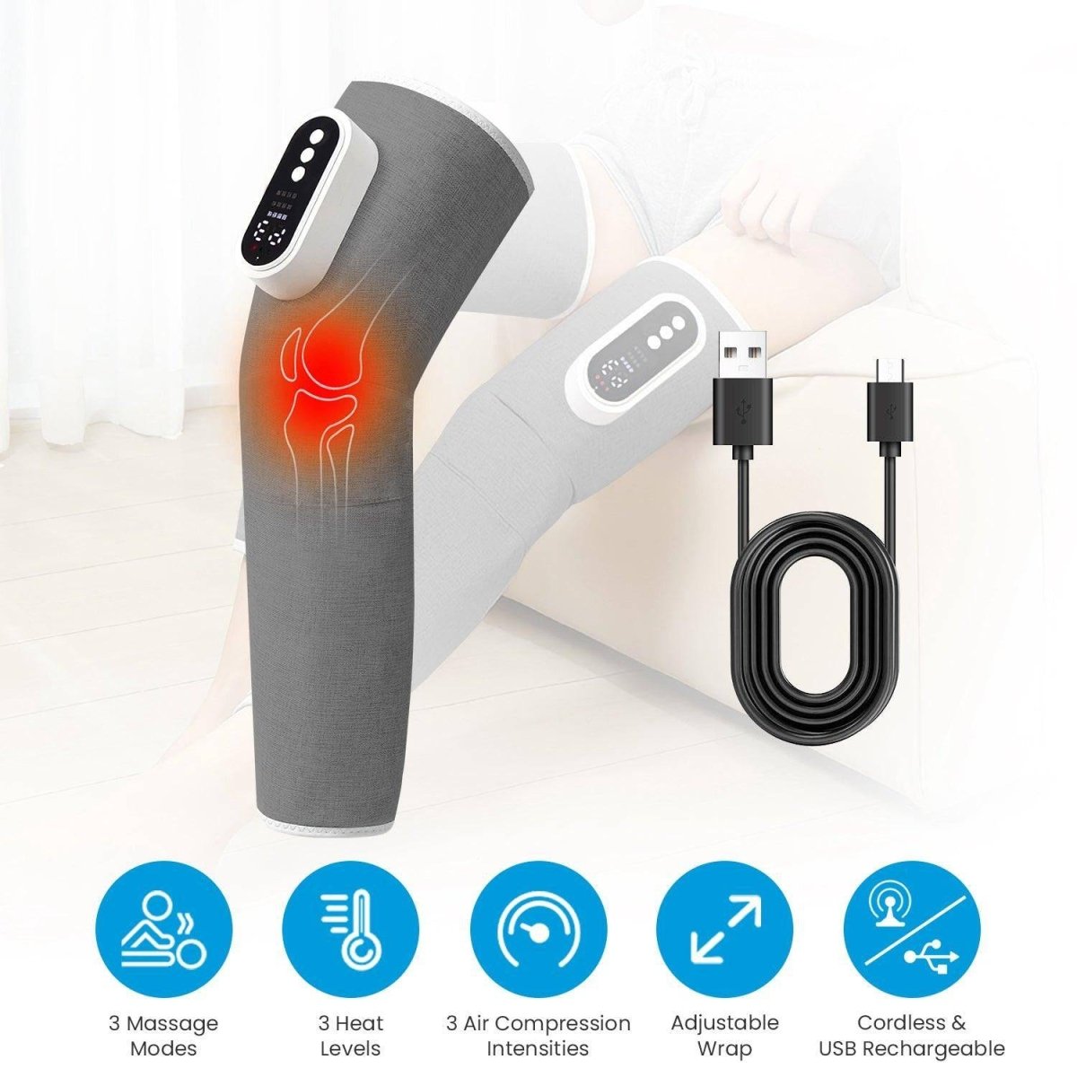 1PCS Cordless Leg Massager Air Compression Massager With Heat Thigh Knee Calf Massager With 3 Modes Adjustable Wrap For Pain Relief - NashPull