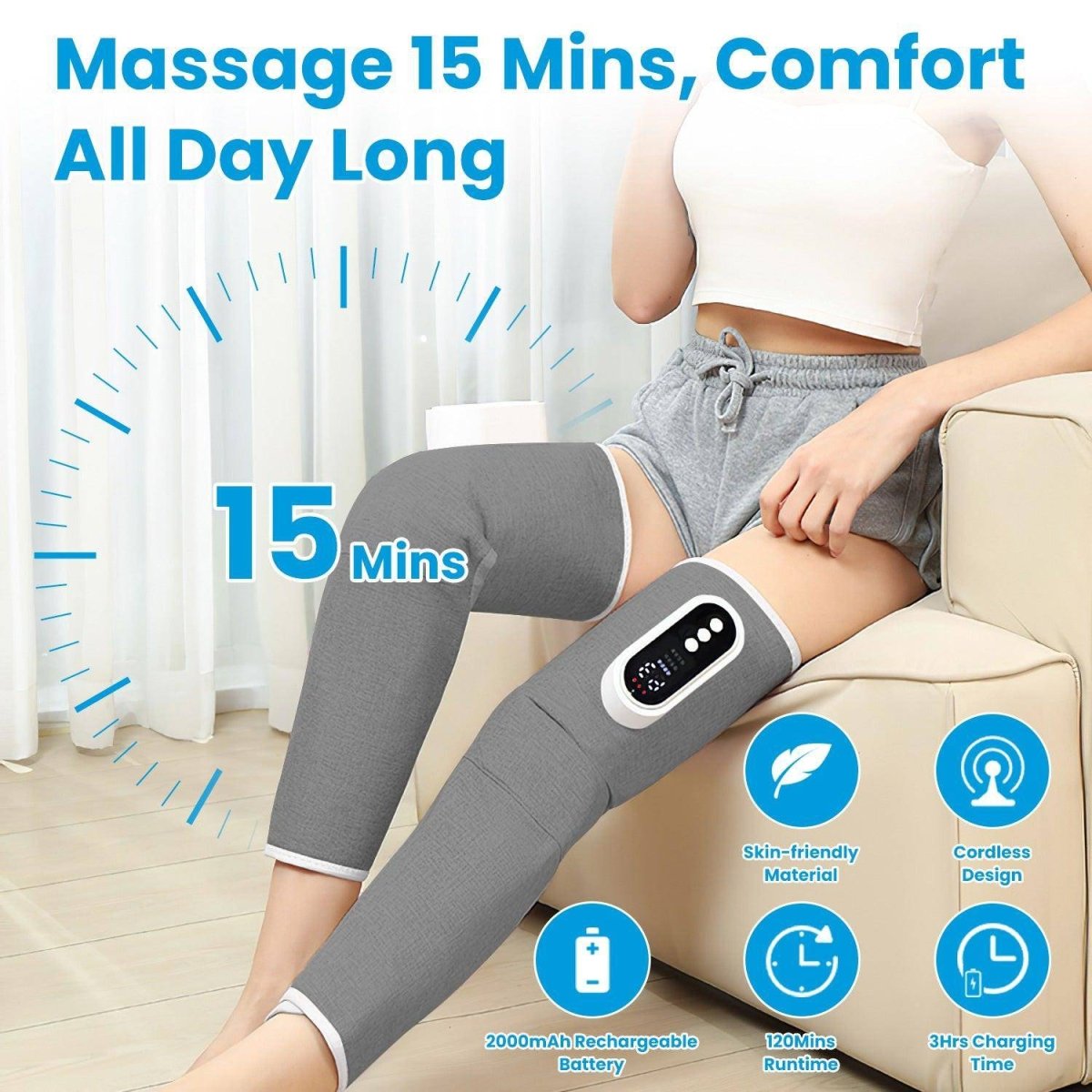 1PCS Cordless Leg Massager Air Compression Massager With Heat Thigh Knee Calf Massager With 3 Modes Adjustable Wrap For Pain Relief - NashPull
