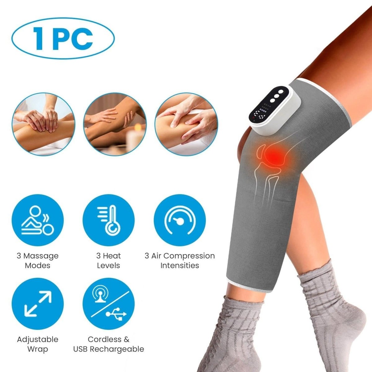 1PCS Cordless Leg Massager Air Compression Massager With Heat Thigh Knee Calf Massager With 3 Modes Adjustable Wrap For Pain Relief - NashPull