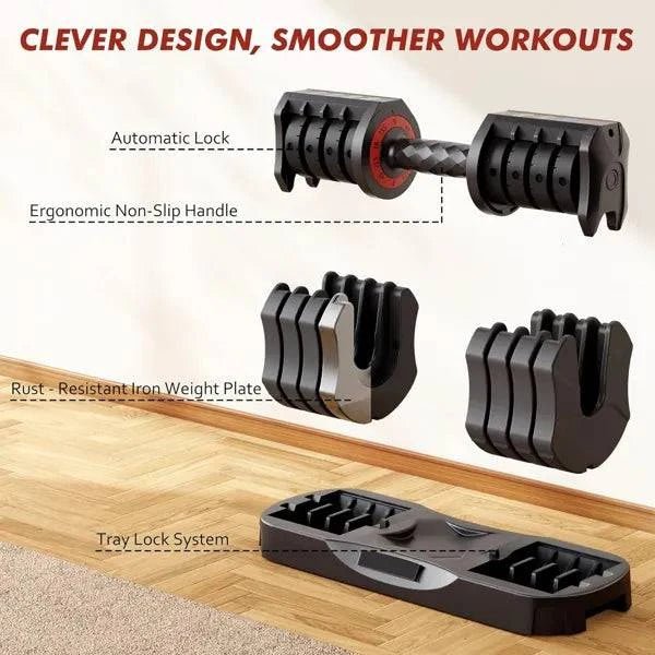 Adjustable Dumbbell Set Of 22.5LB Set - 1Sec Adjustable Dumbbell Weights - 5 In 1 Free Weights Dumbbells Set With Effortless Tray/No - Slip Handle - Compact Size For Women/Men At Home Gym - NashPull