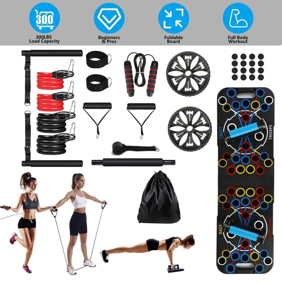Multifunctional Push Up Board Home Strength Training Equipment With 15 Fitness Accessories Pilates Bar Resistance Band Roller Wheel Full Body Workout Home Gym Equipment - NashPull