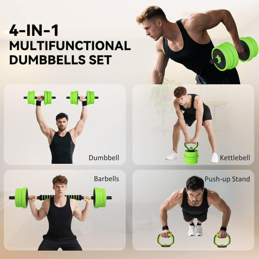 SPORTNOW 20kg 6 - In - One Adjustable Weight Dumbbells Set, Barbell, Kettlebell, Push Up Stand - Green - NashPull