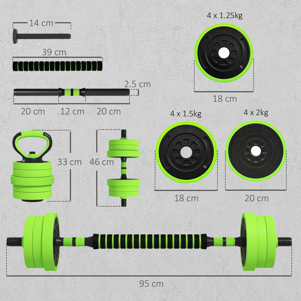 SPORTNOW 20kg 6 - In - One Adjustable Weight Dumbbells Set, Barbell, Kettlebell, Push Up Stand - Green - NashPull