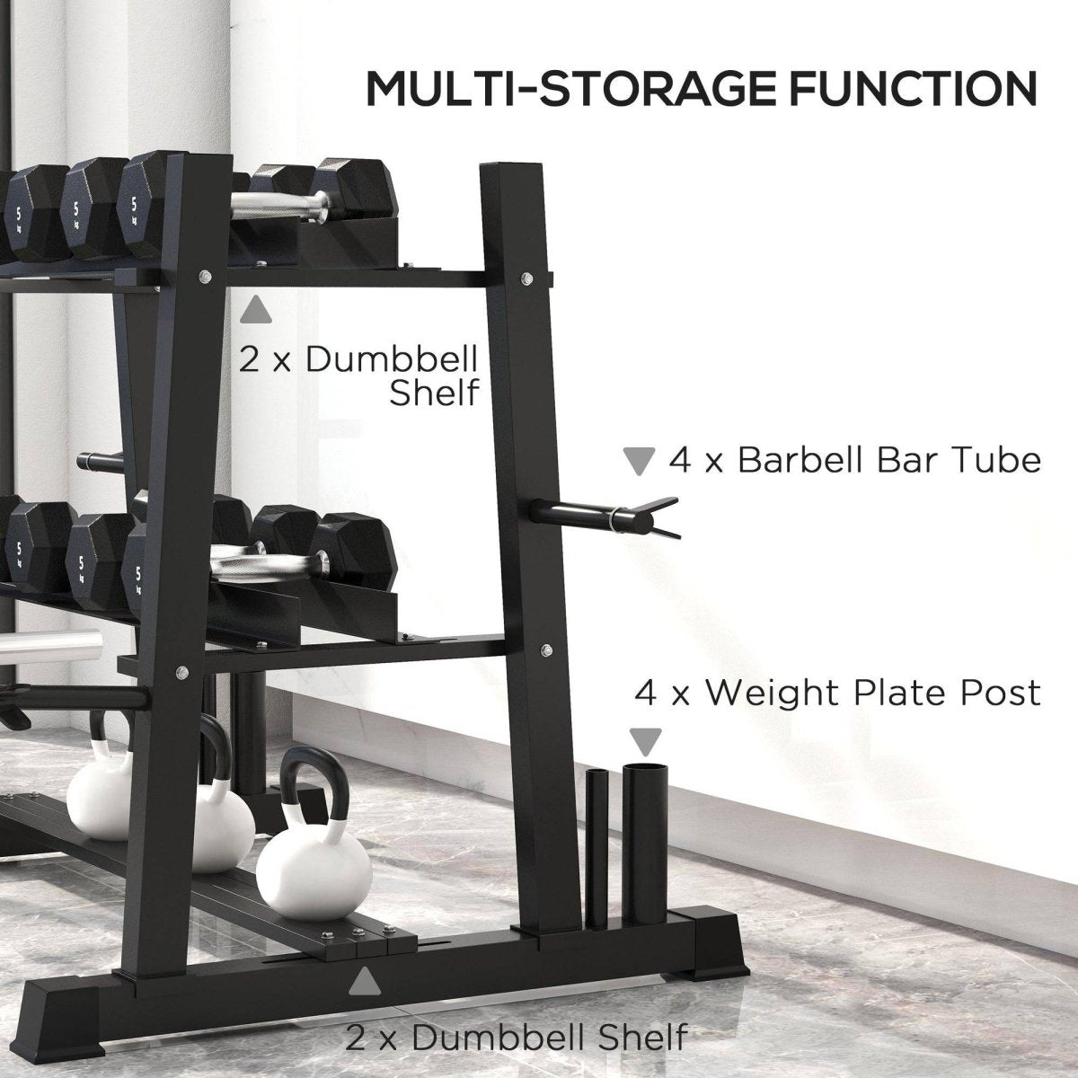 SPORTNOW 3 - Tier Dumbbell Rack, Versatile Weight Rack With 4 Weight Rods For Dumbbells, Kettlebells And Plates (Rack Only) - NashPull