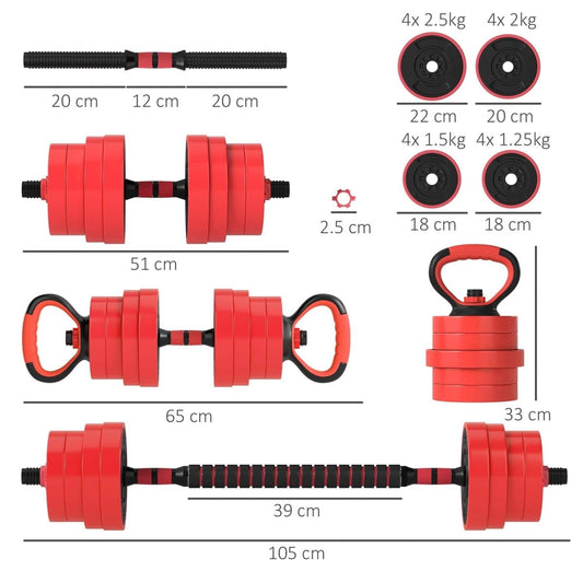 SPORTNOW 30kg 6 - In - One Adjustable Weight Dumbbells Set, Barbell, Kettlebell, Push Up Stand - Red - NashPull