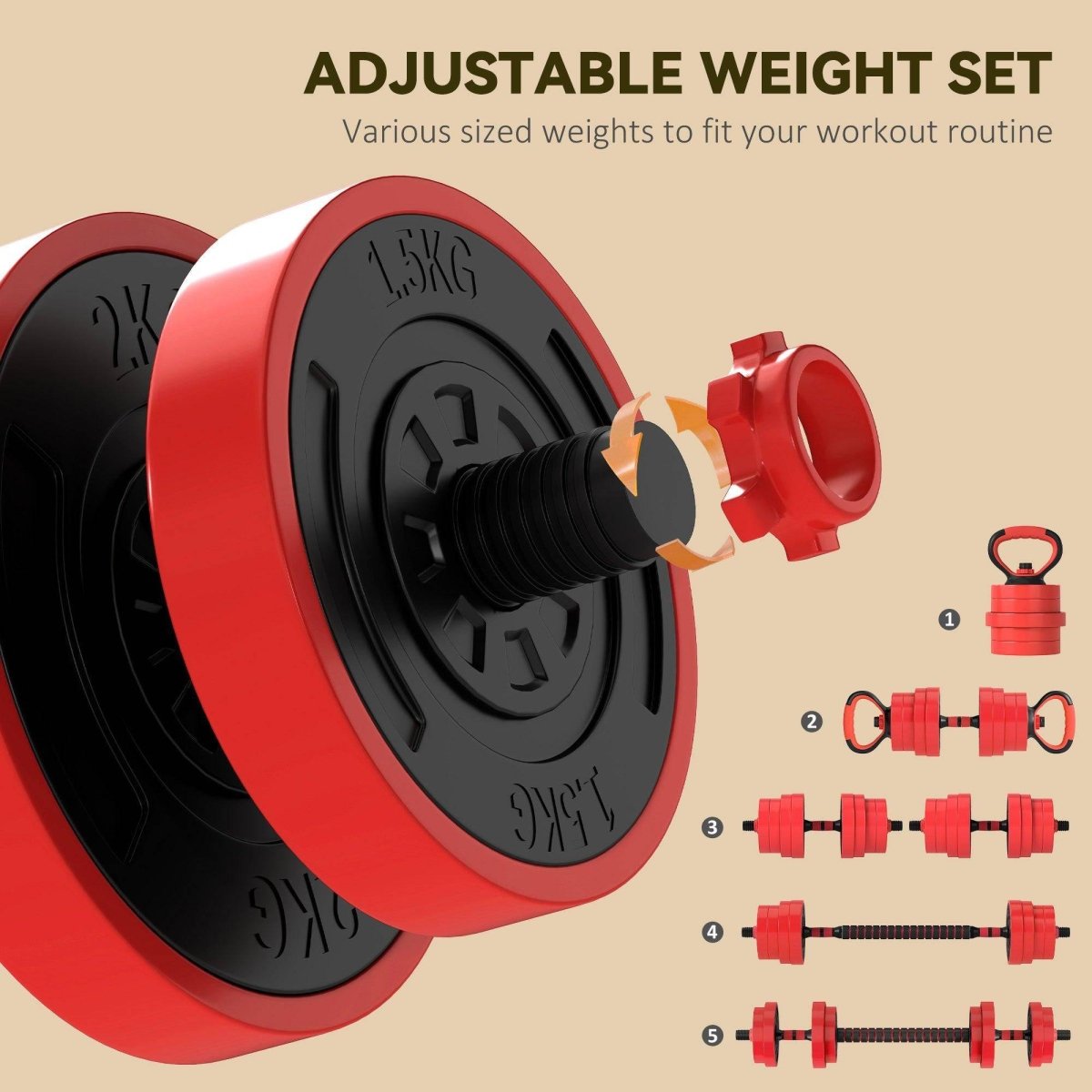 SPORTNOW 30kg 6 - In - One Adjustable Weight Dumbbells Set, Barbell, Kettlebell, Push Up Stand - Red - NashPull