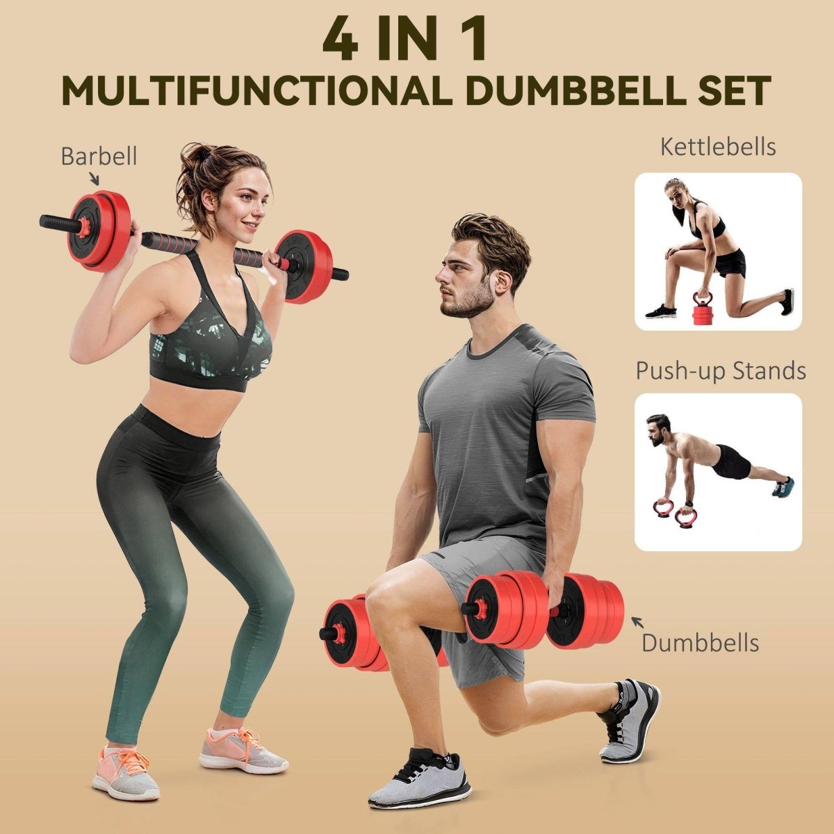 SPORTNOW 30kg 6 - In - One Adjustable Weight Dumbbells Set, Barbell, Kettlebell, Push Up Stand - Red - NashPull