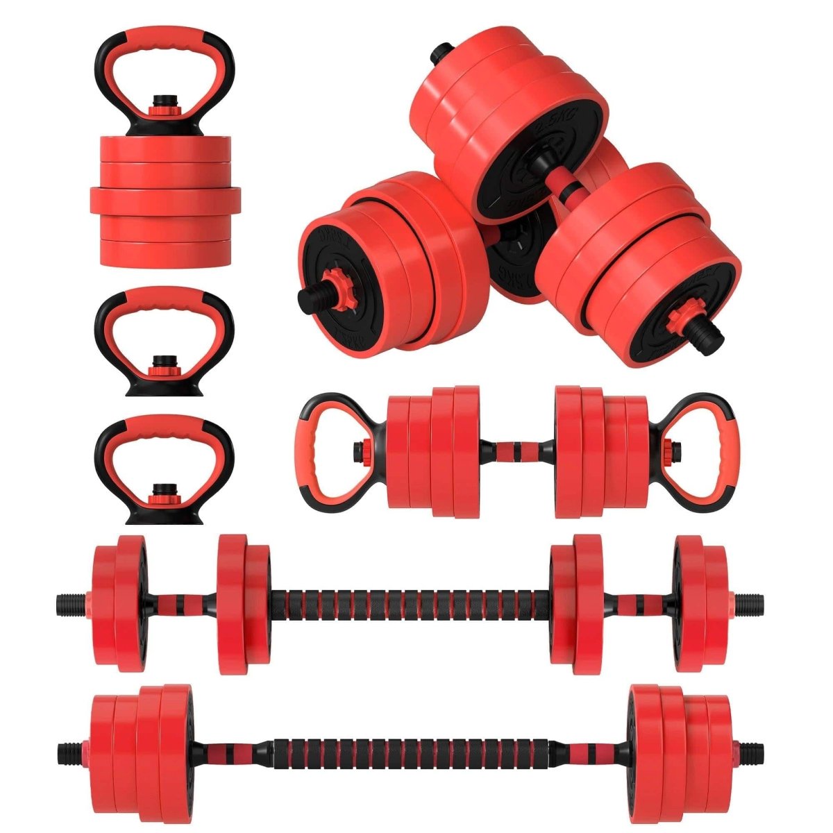 SPORTNOW 30kg 6 - In - One Adjustable Weight Dumbbells Set, Barbell, Kettlebell, Push Up Stand - Red - NashPull