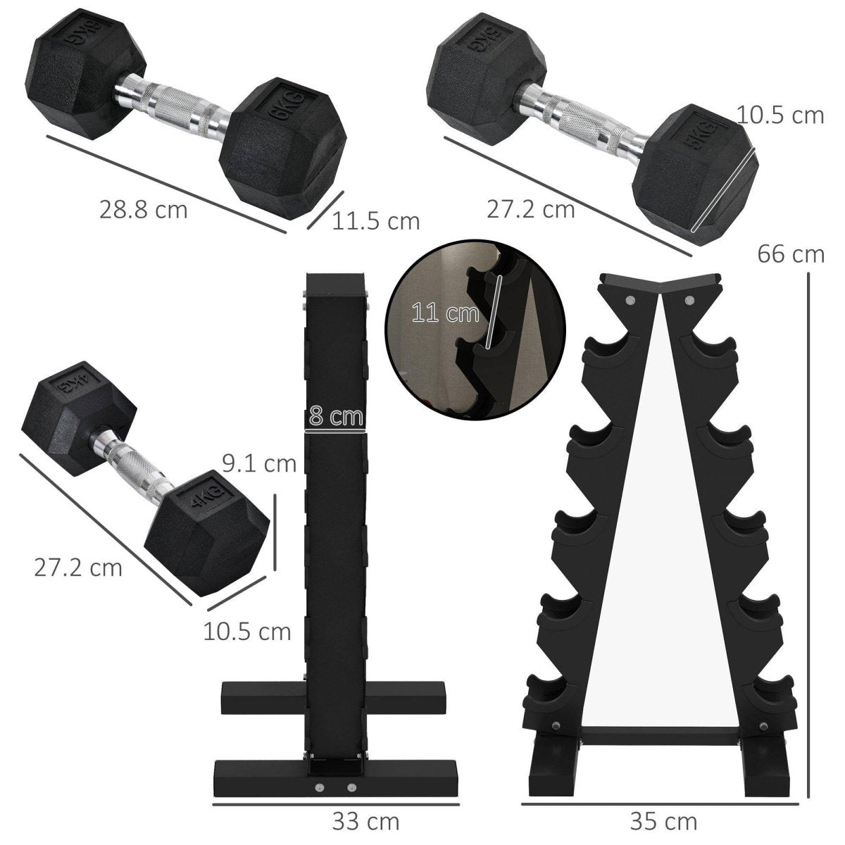SPORTNOW 5 - Tier Dumbbell Rack With 6 Hexagonal Rubber Dumbbells (2x4kg, 2x5kg, 2x6kg), Dumbbell Storage Stand Holder With Weights Sets For Home Gym Fitness, Black - NashPull