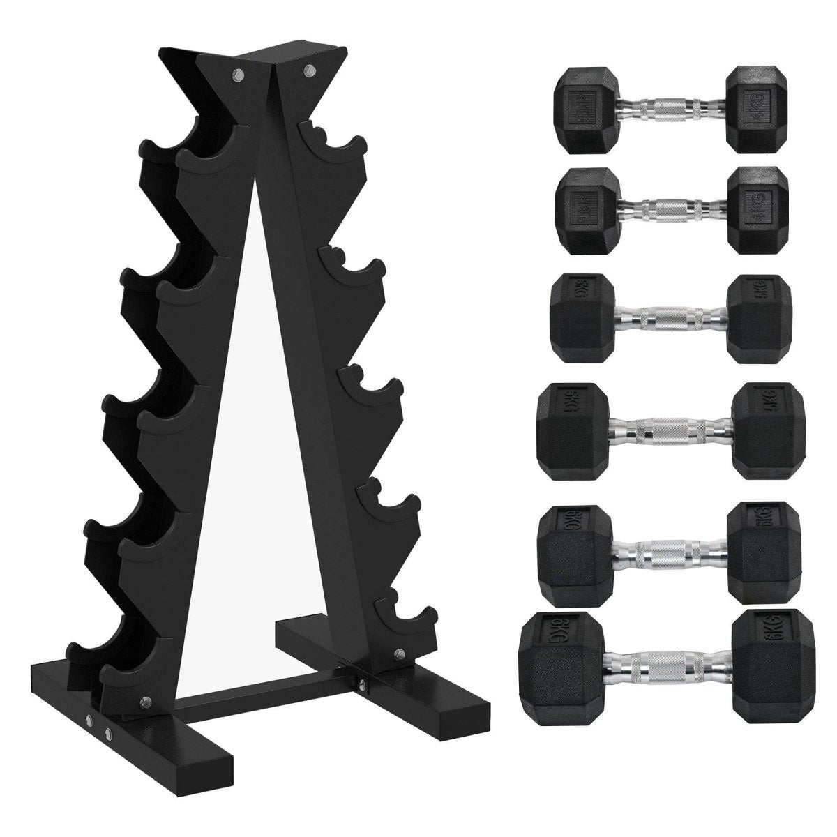 SPORTNOW 5 - Tier Dumbbell Rack With 6 Hexagonal Rubber Dumbbells (2x4kg, 2x5kg, 2x6kg), Dumbbell Storage Stand Holder With Weights Sets For Home Gym Fitness, Black - NashPull