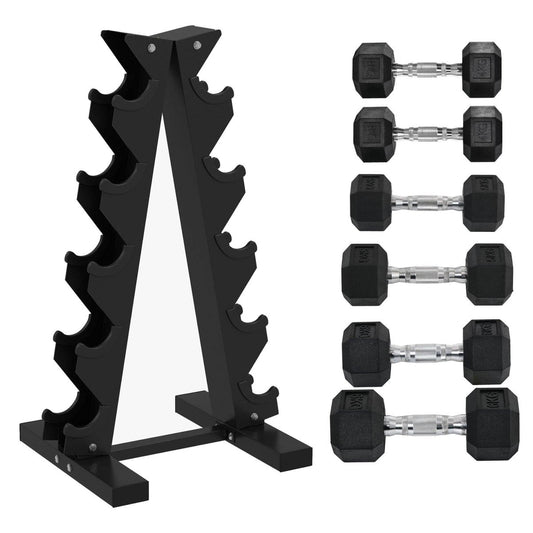 SPORTNOW 5 - Tier Dumbbell Rack With 6 Hexagonal Rubber Dumbbells (2x4kg, 2x5kg, 2x6kg), Dumbbell Storage Stand Holder With Weights Sets For Home Gym Fitness, Black - NashPull
