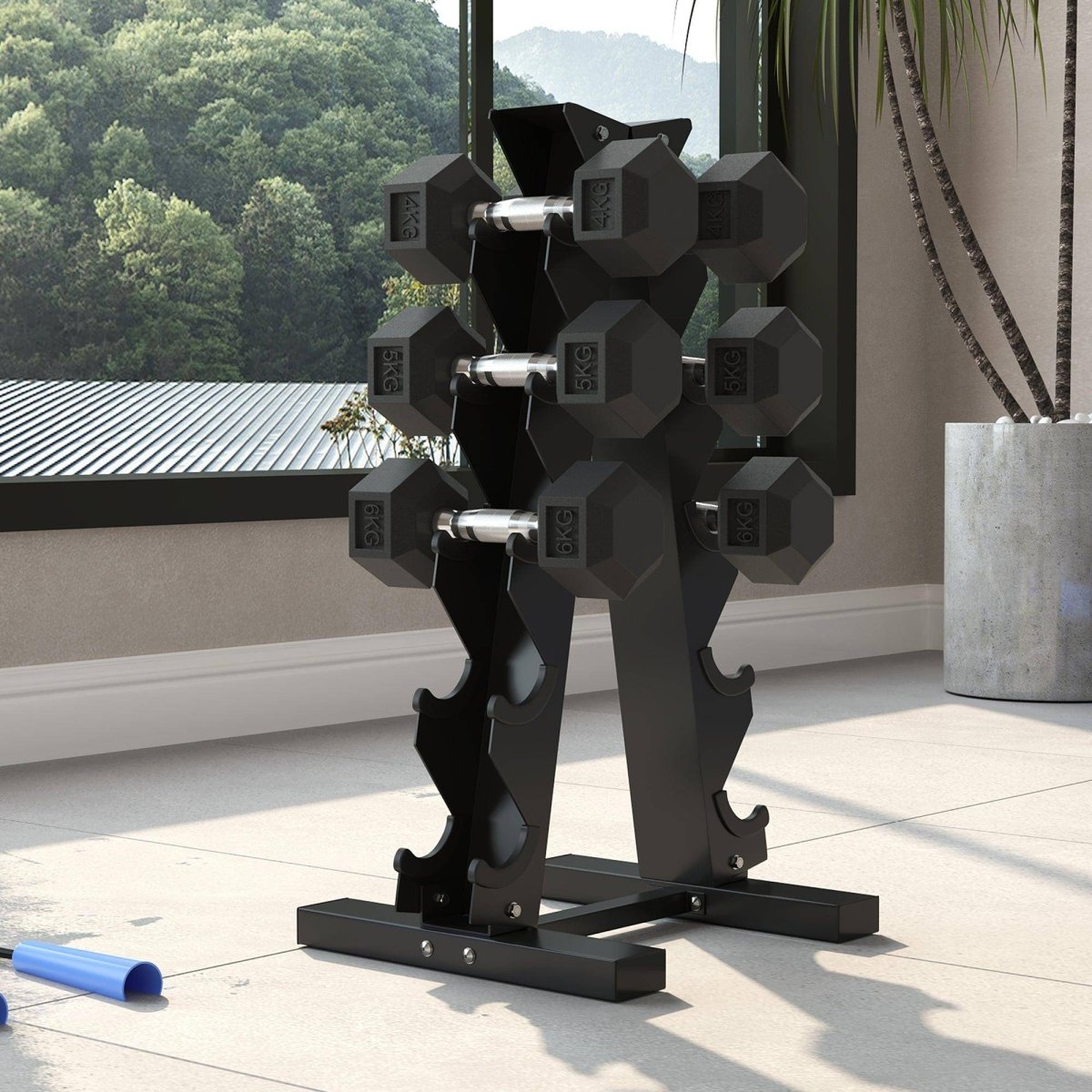 SPORTNOW 5 - Tier Dumbbell Rack With 6 Hexagonal Rubber Dumbbells (2x4kg, 2x5kg, 2x6kg), Dumbbell Storage Stand Holder With Weights Sets For Home Gym Fitness, Black - NashPull