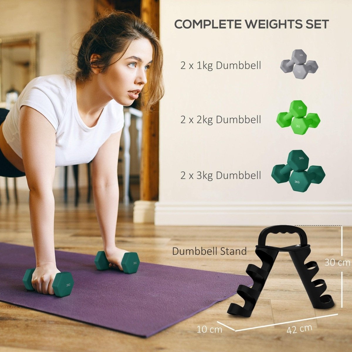 SPORTNOW Dumbbells Set With Storage Rack, 2 X 1kg, 2 X 2kg, 2 X 3kg, Grey - NashPull