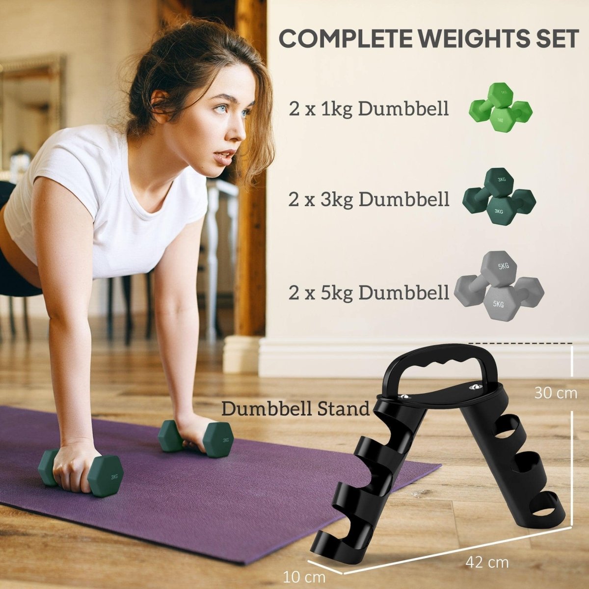 SPORTNOW Dumbbells Set With Storage Rack, 2 X 1kg, 2 X 3kg, 2 X 5kg, Green - NashPull